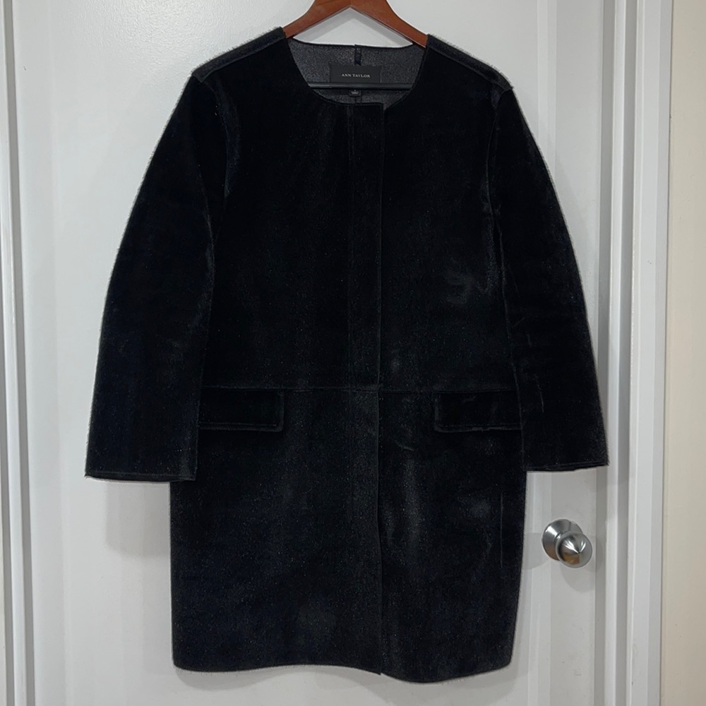Ann Taylor- Collarless coat- Made from artificial leather.